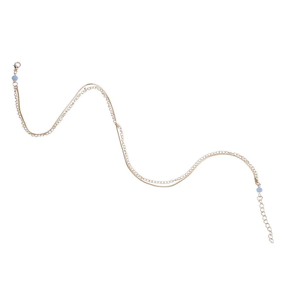 Ladies Double Anklet Blue Beaded Snake Bone Chain