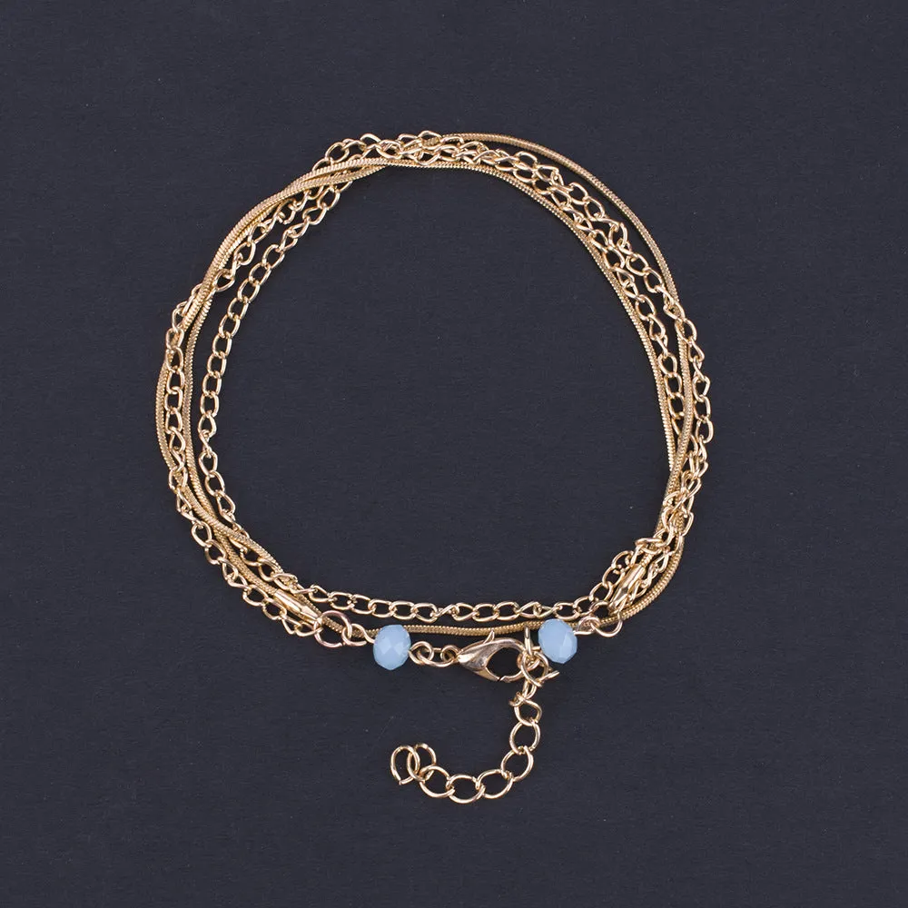 Ladies Double Anklet Blue Beaded Snake Bone Chain