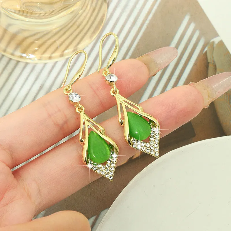 Light Luxury Opal Rhombus Ear Hook Elegant High-end Sense