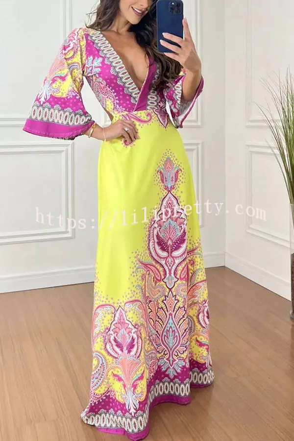 Lilipretty® Stand Out and Shine Palace Style Print Bell Sleeve Backless Vacation Maxi Dress