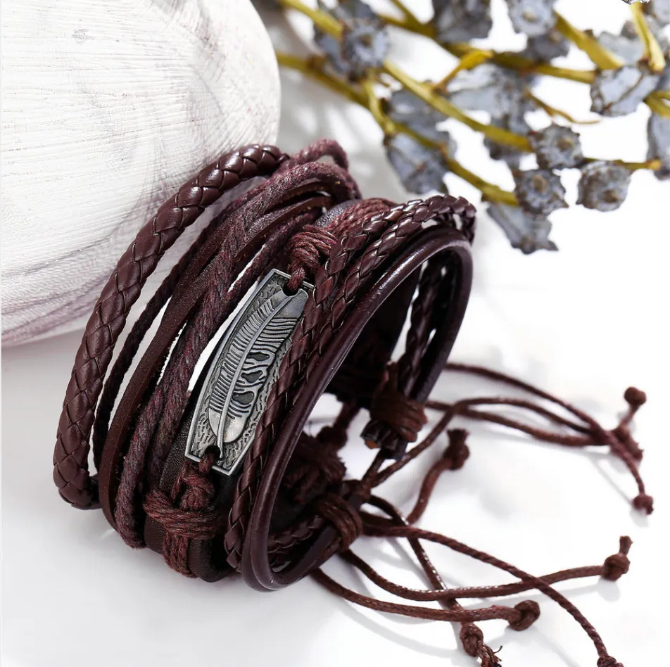 Men's Simple Leather Feather Bracelet