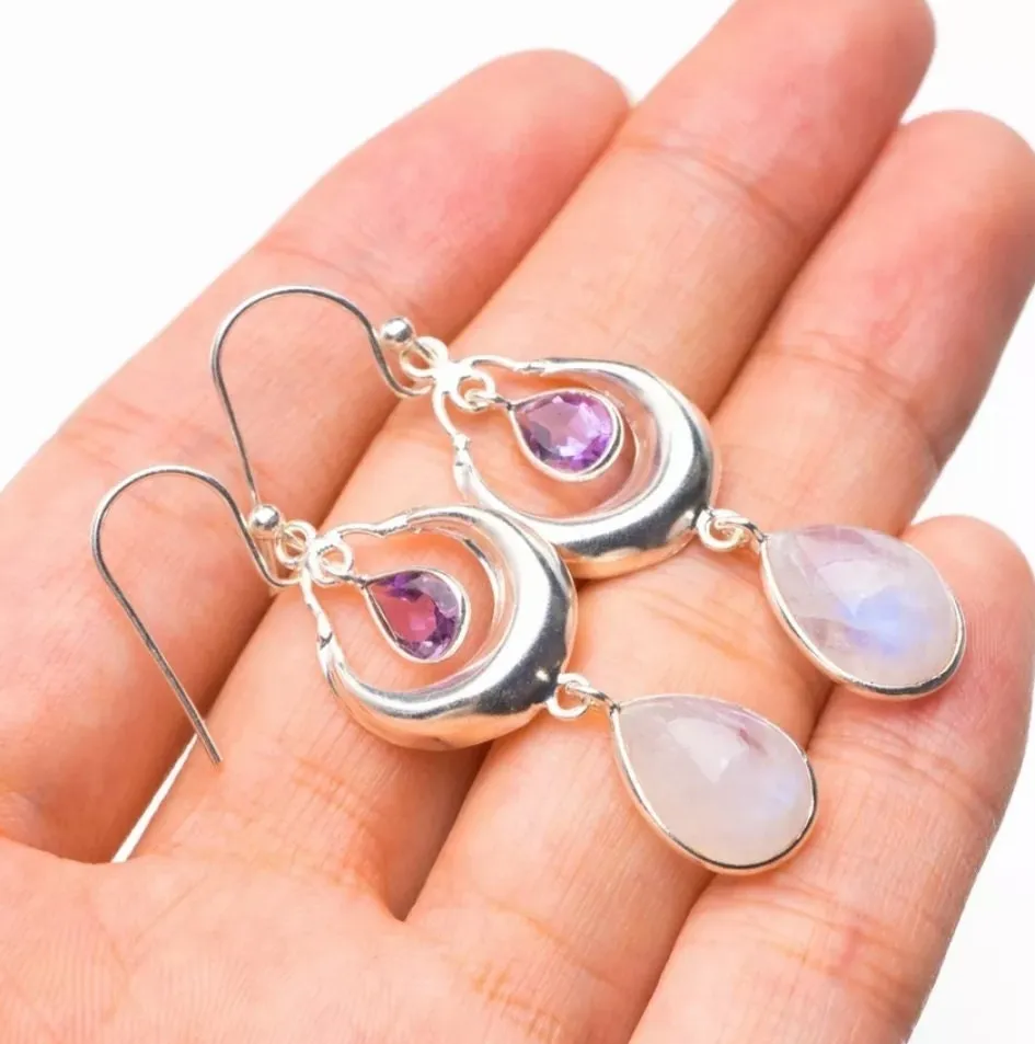 Moonstone Earrings, Amethyst Stone Earrings, 925 Sterling Silver Earrings, Gemstone Dainty Earrings, White stone Earrings, Long Earrings