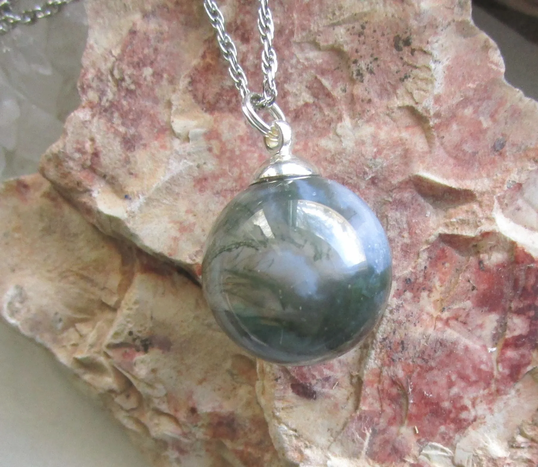 Moss Agate Natural Gemstone Crystal Ball Pendant Necklace