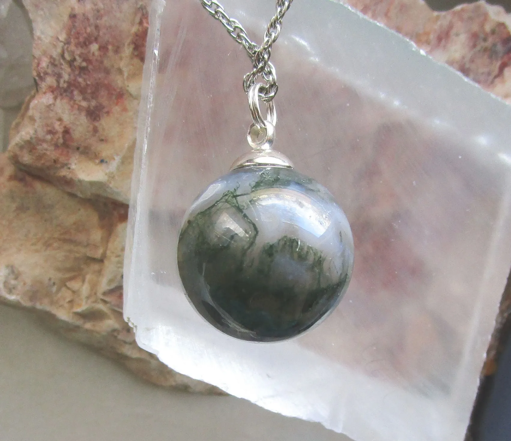 Moss Agate Natural Gemstone Crystal Ball Pendant Necklace