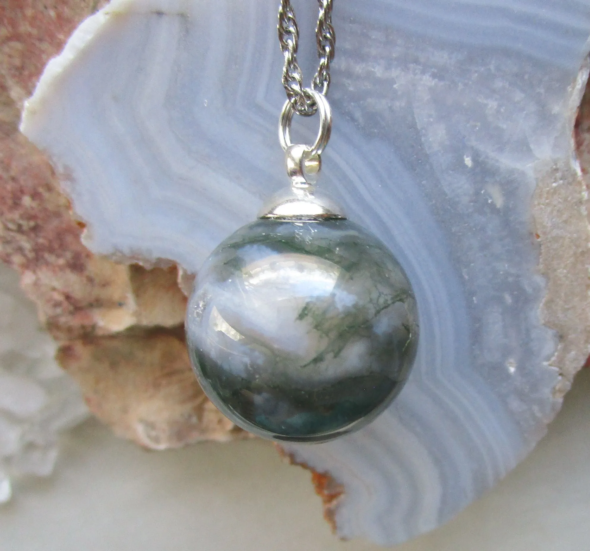 Moss Agate Natural Gemstone Crystal Ball Pendant Necklace