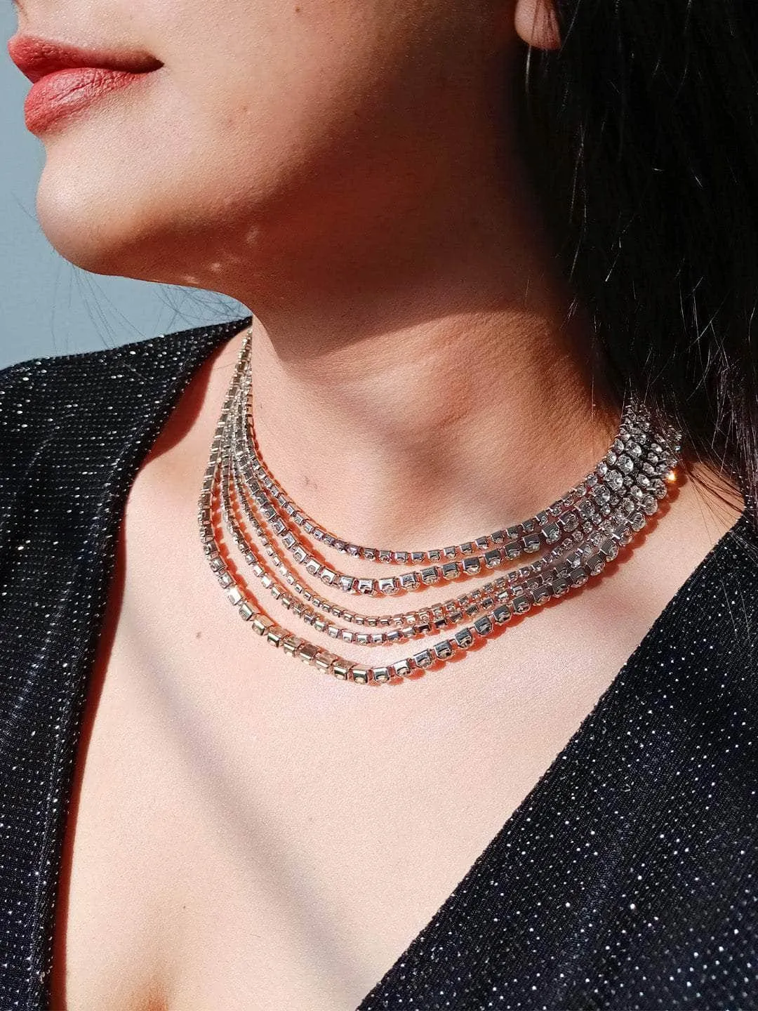 Multilayer Rhinestone Choker Statement Necklace