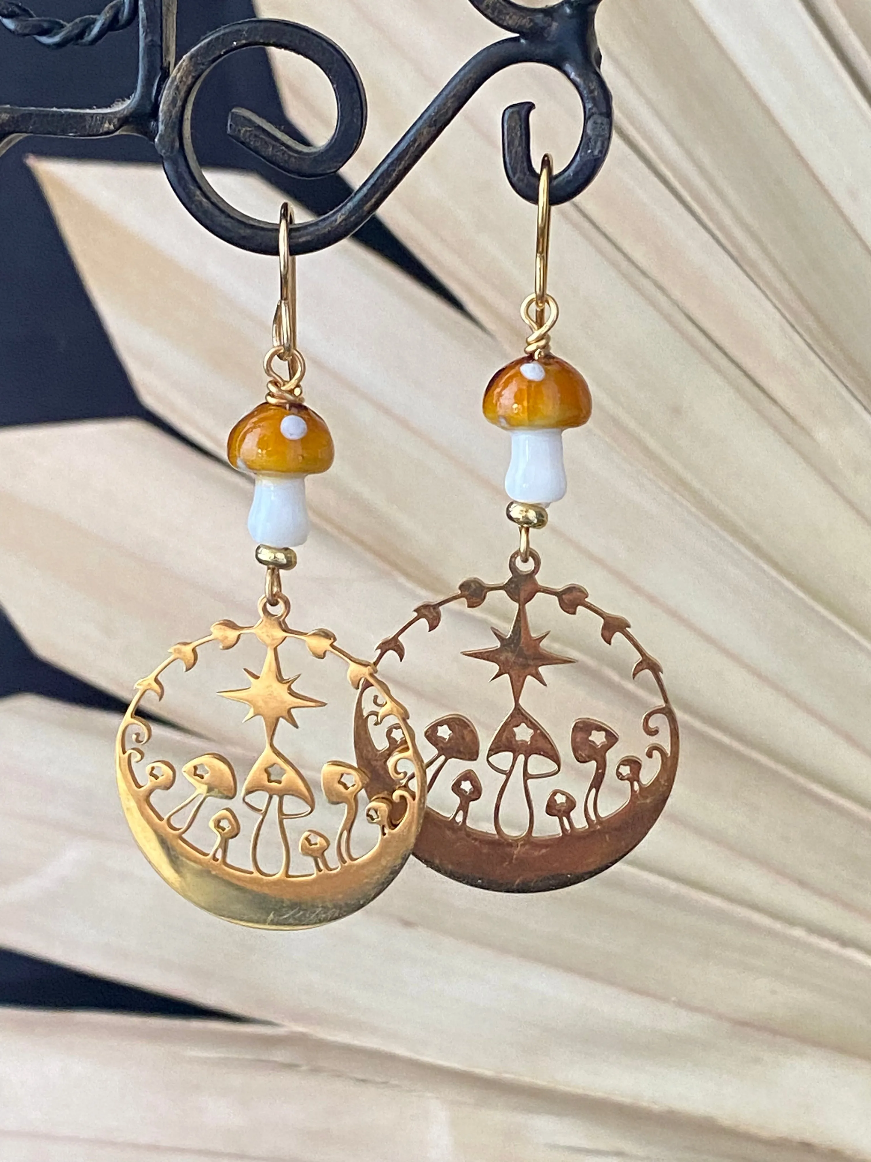 Mushroom glass bead, mushroom gold charm earrings, jewelry.