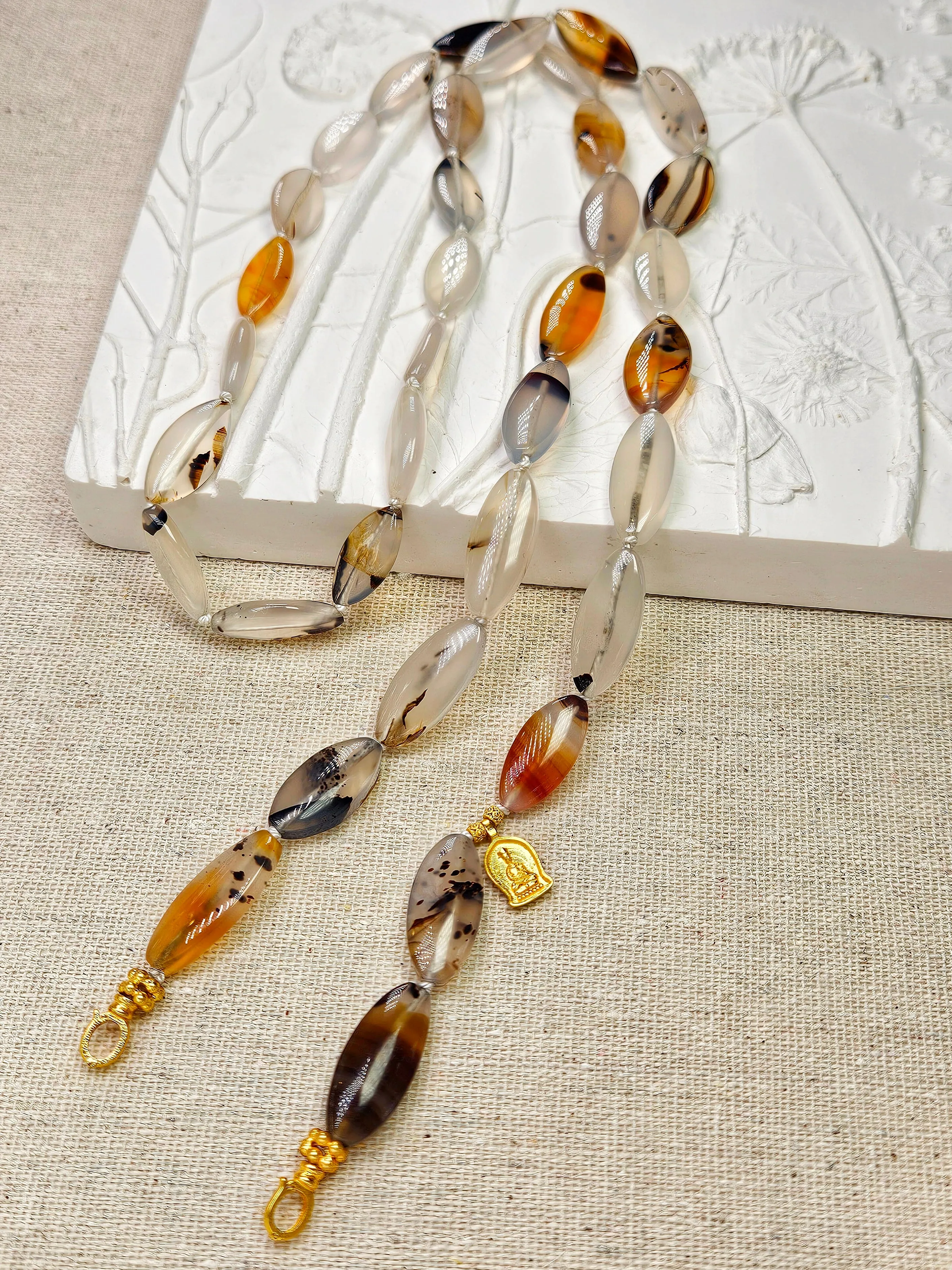 Natural Montana Agate Gemstone Silk Knotted 18K Yellow Gold Long Necklace 30"