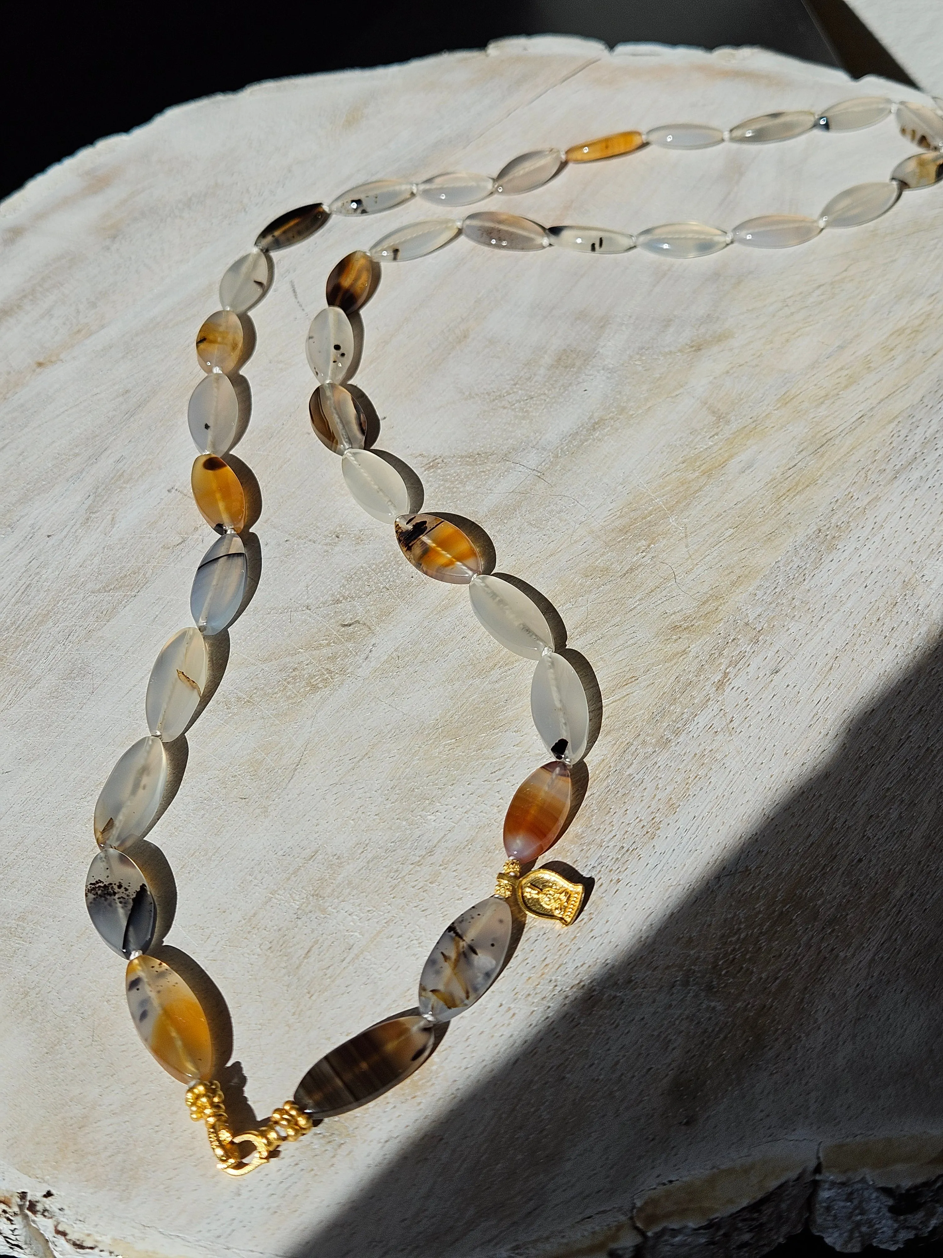 Natural Montana Agate Gemstone Silk Knotted 18K Yellow Gold Long Necklace 30"