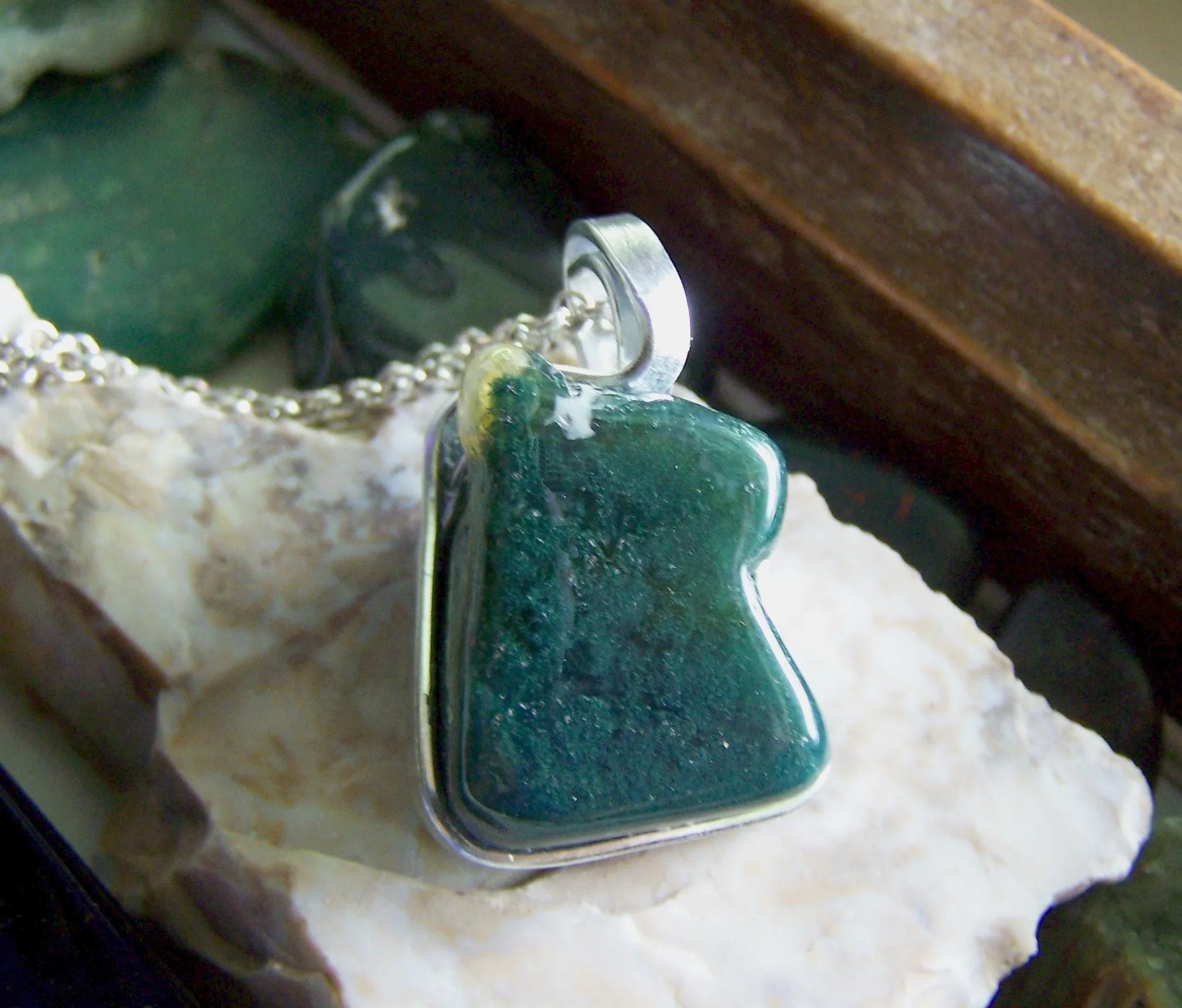 Natural Moss Agate Wire Wrapped Polished Gemstone Pendant