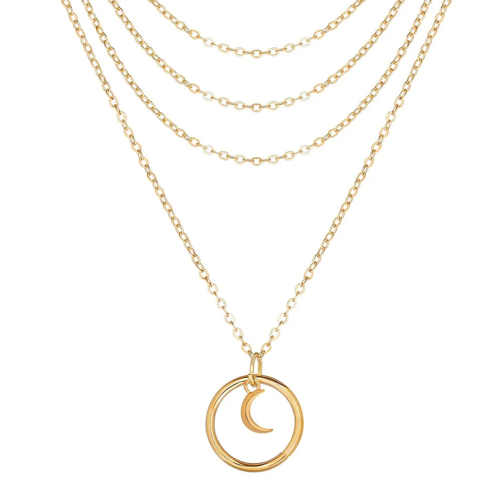 Party Creative Retro Simple Multi-Layer Ladies Clavicle Chain Moon Pendant Four-Layer Necklace