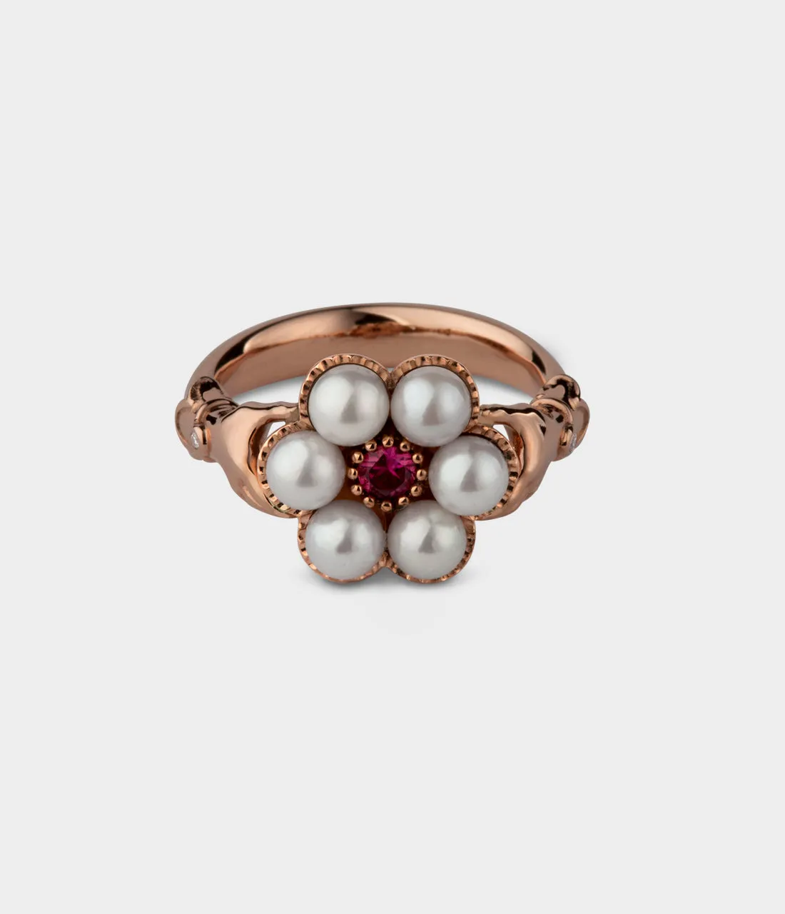 Posey Pearl Ring in 9ct Rose Gold with Ruby, Size M