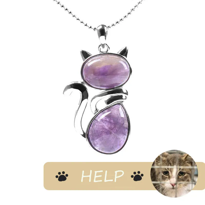 "Save A Cat" Cute Cat Pattern Natural Crystal Protection Cat-Loving Pendant Necklace