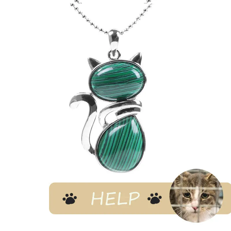 "Save A Cat" Cute Cat Pattern Natural Crystal Protection Cat-Loving Pendant Necklace