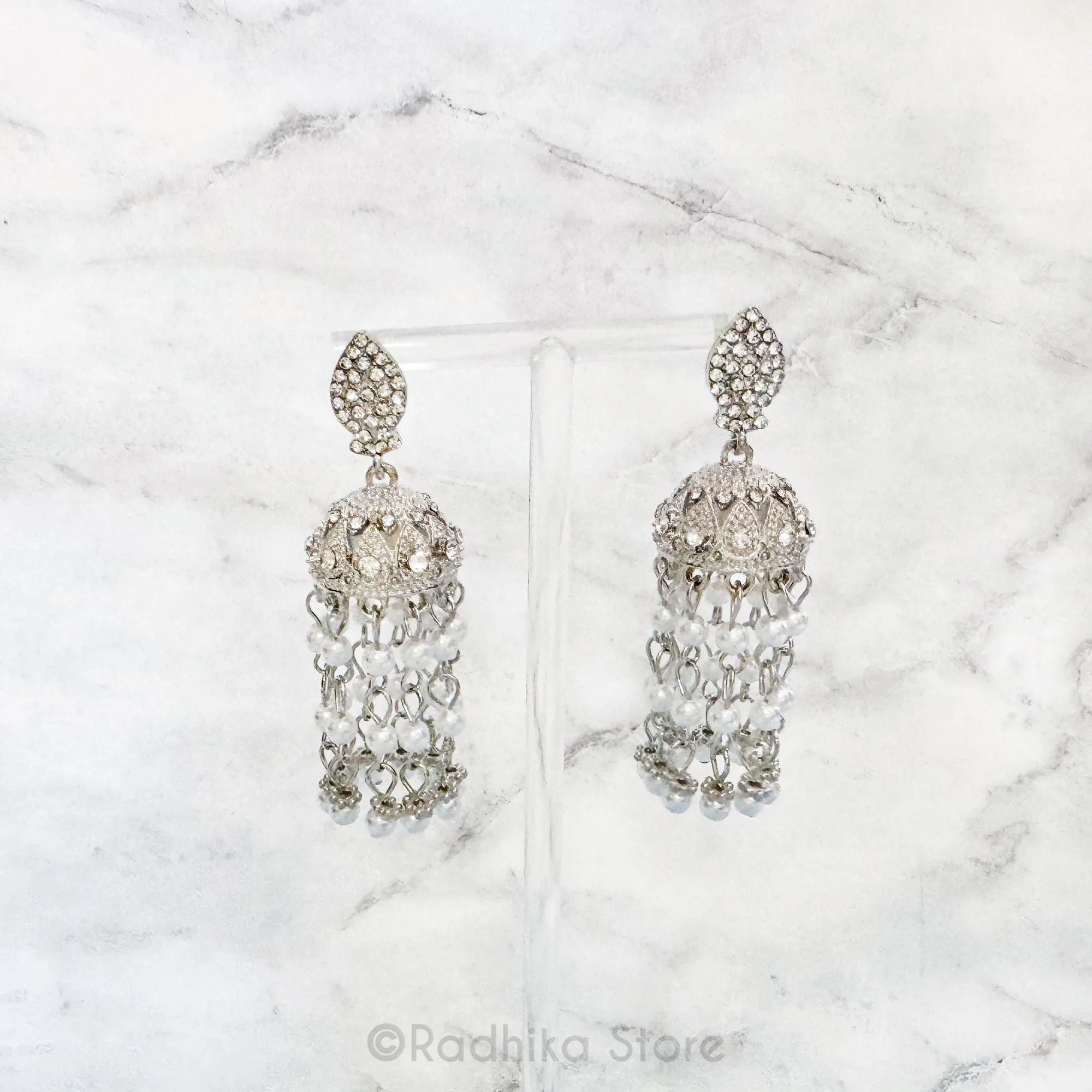 Radhika Silvery Pearl Bell Earrings