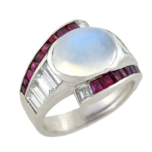 Retro Platinum Moonstone, Diamond & Ruby Ring