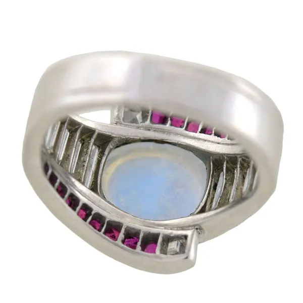 Retro Platinum Moonstone, Diamond & Ruby Ring