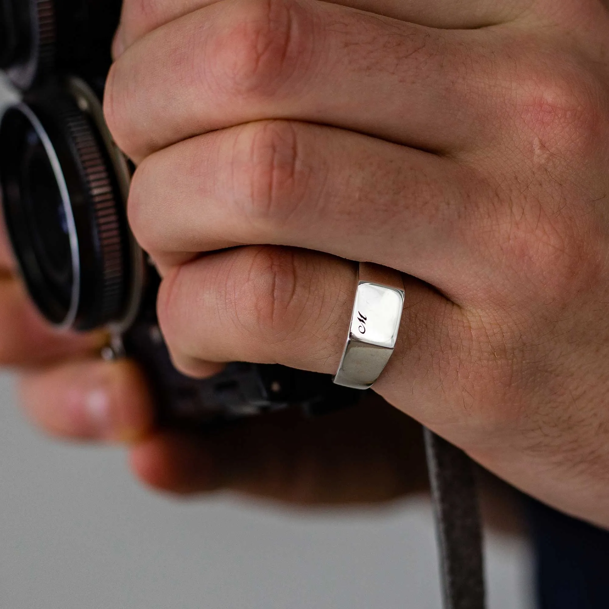 Script Initial Personalised Square Silver Signet Ring