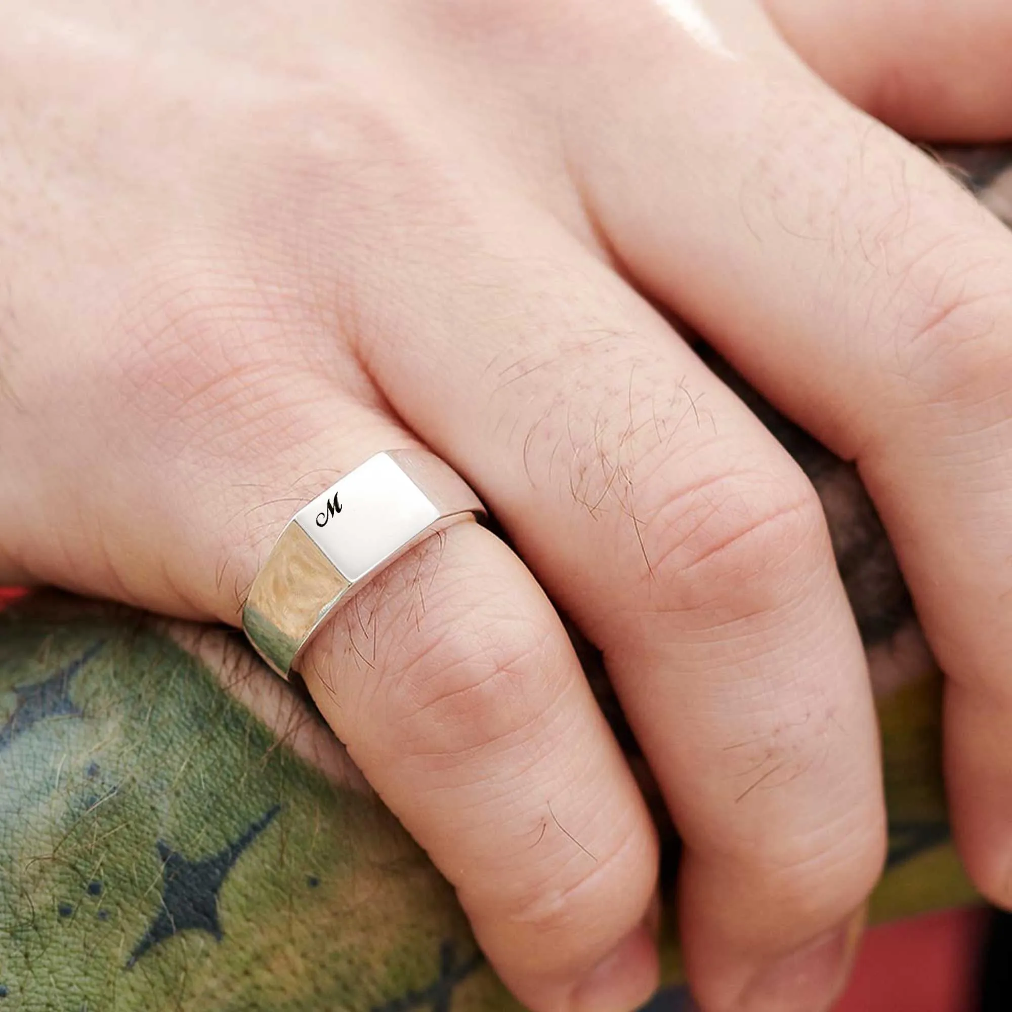 Script Initial Personalised Square Silver Signet Ring