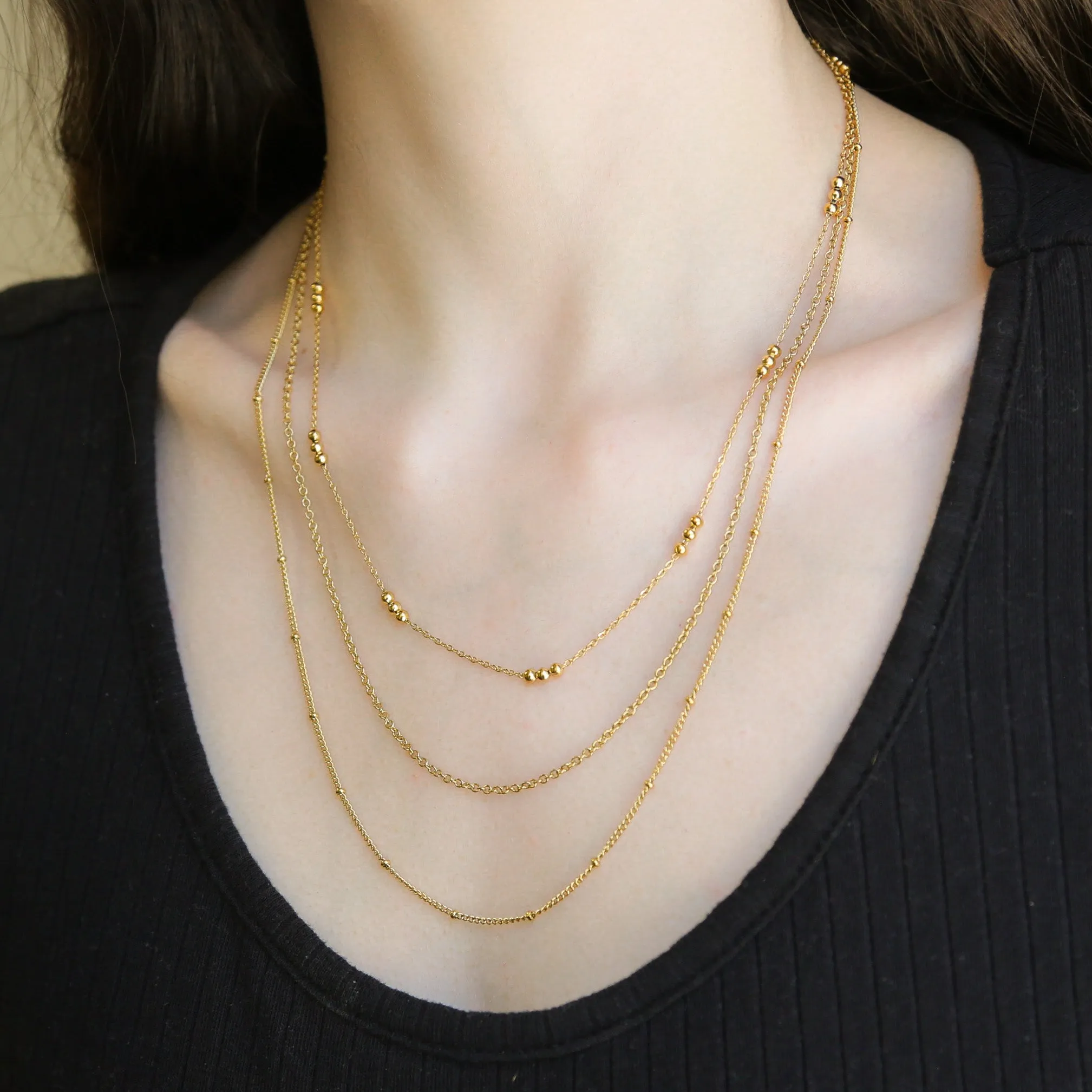 Serena GOLD Necklace Simple Thin Layered Steel Bead Chain Three Layer Necklace