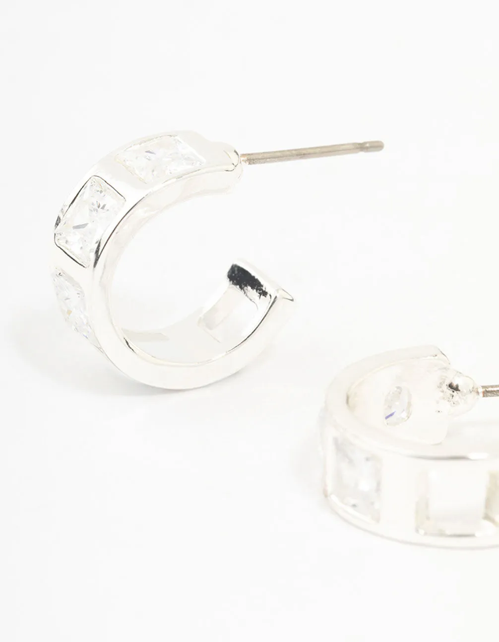 Silver Cubic Zirconia Square Chunky Hoop Earrings