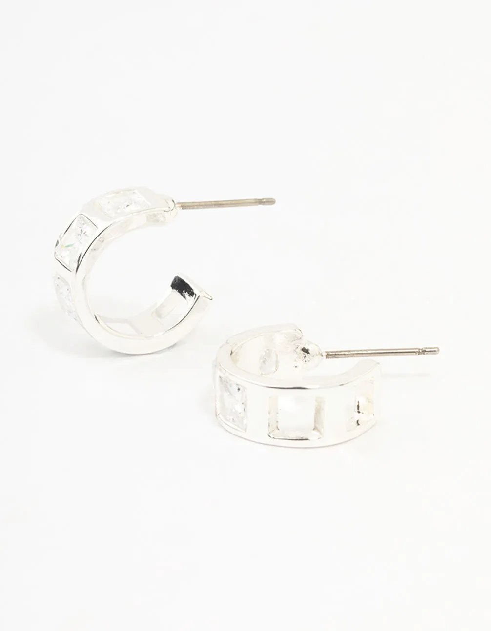 Silver Cubic Zirconia Square Chunky Hoop Earrings