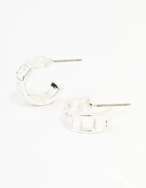 Silver Cubic Zirconia Square Chunky Hoop Earrings