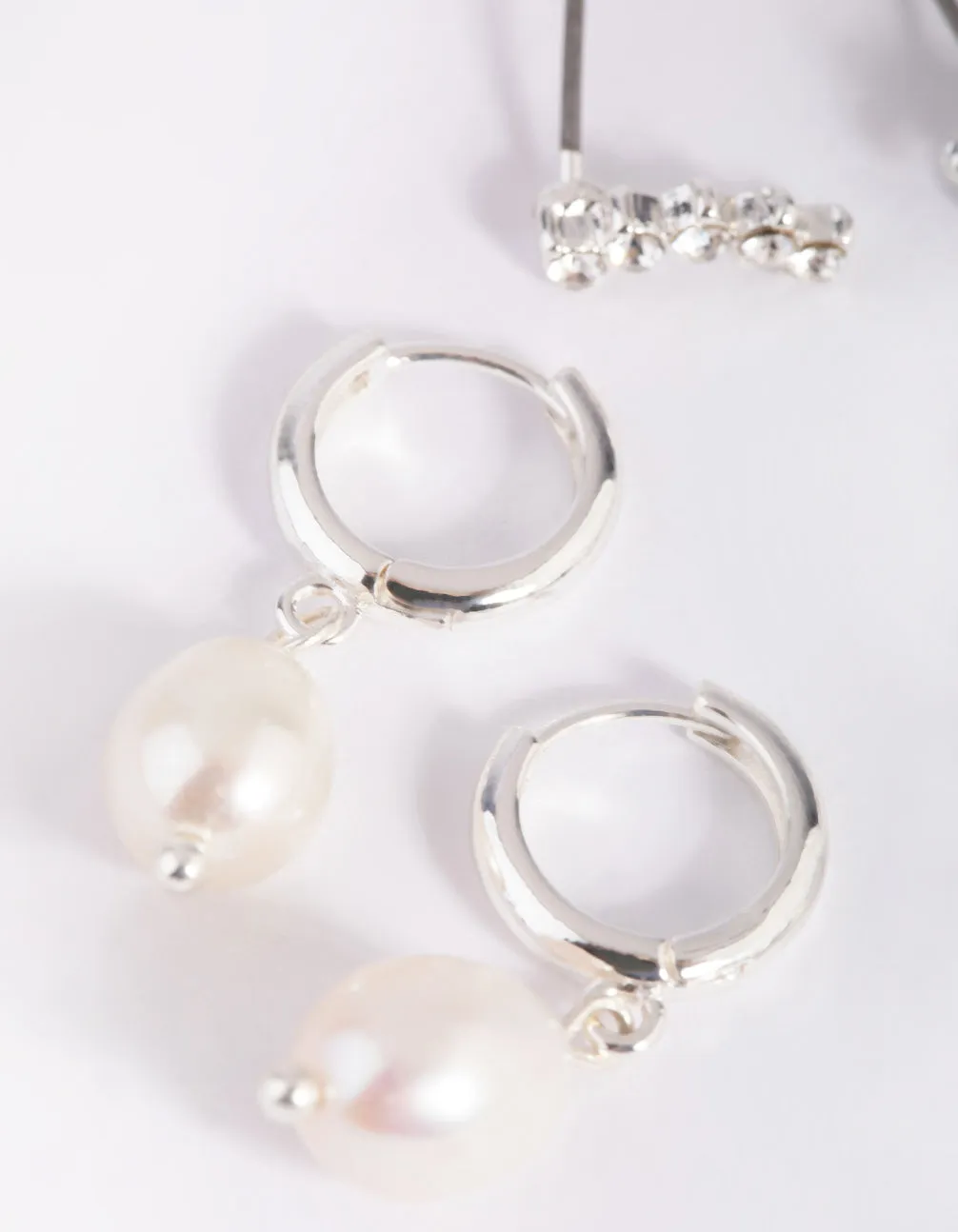 Silver Diamante & Freshwater Pearl Huggie Hoop Earrings