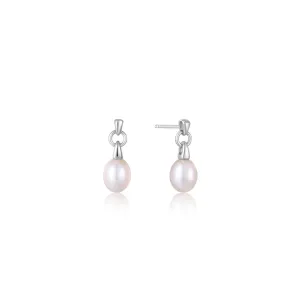 Silver Pearl Drop Stud Earrings