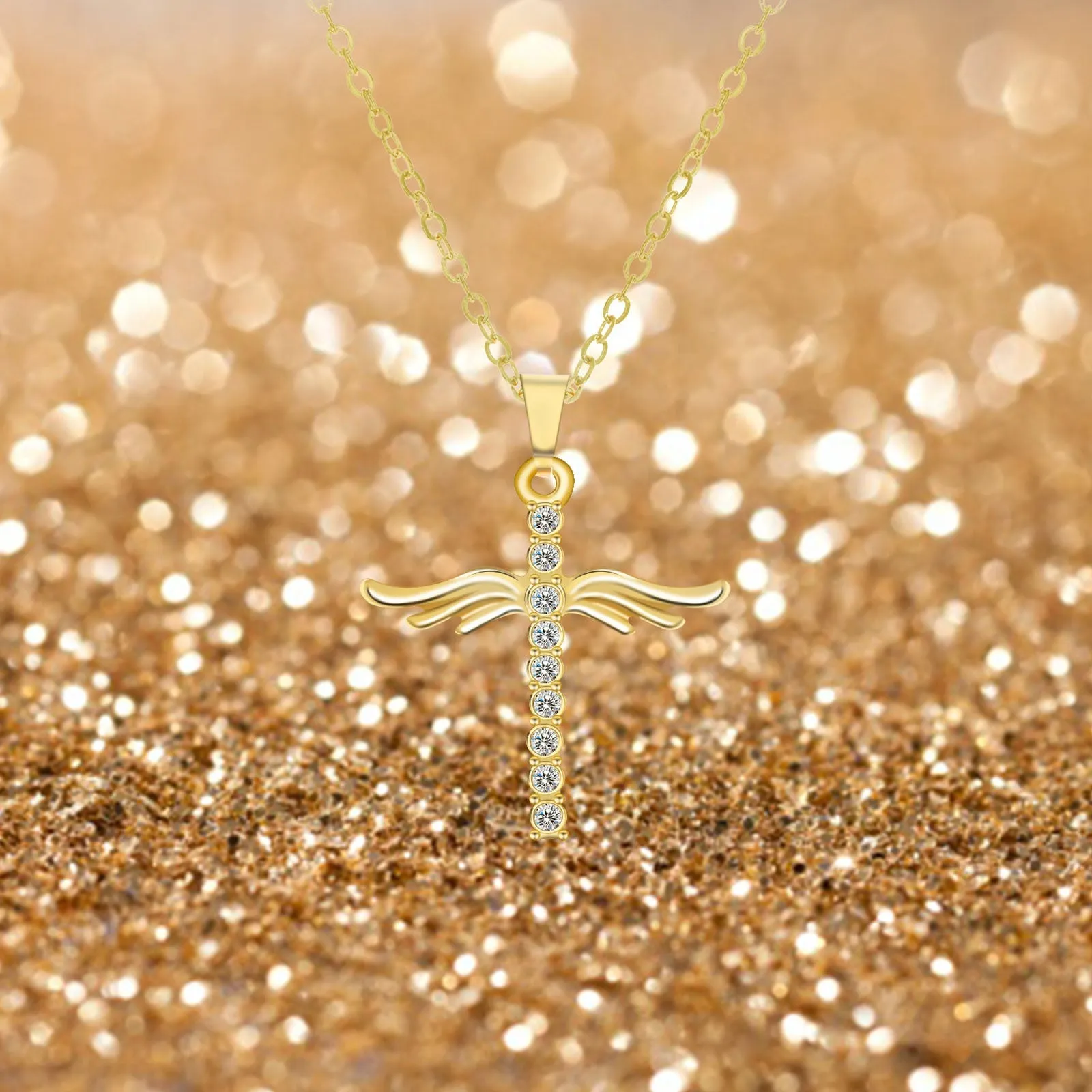 Simple Cross Diamond Angel Wings Pendant