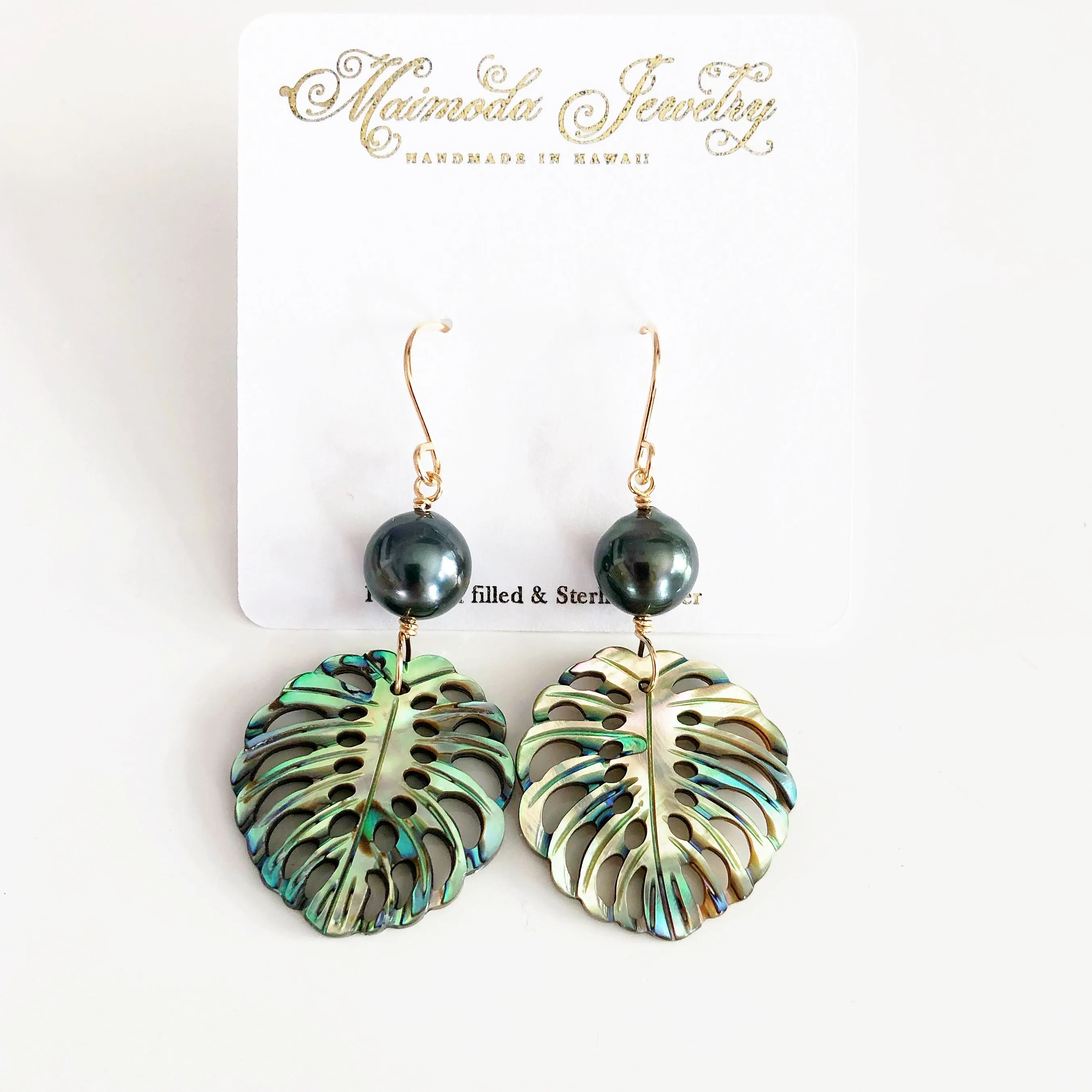 Small Abalone shell monstera earrings - tahitian pearl (E541)