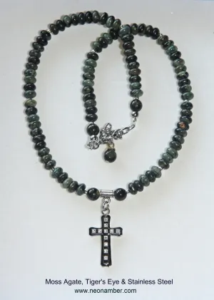 Steel Cross & Moss Agate