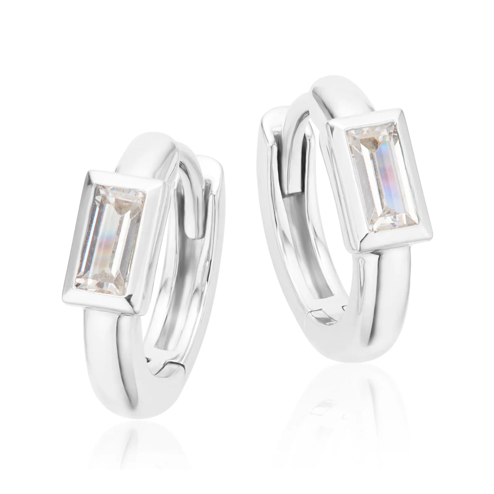 Sterling Silver Baguette Cut White Cubic Zirconia Huggie Earrings