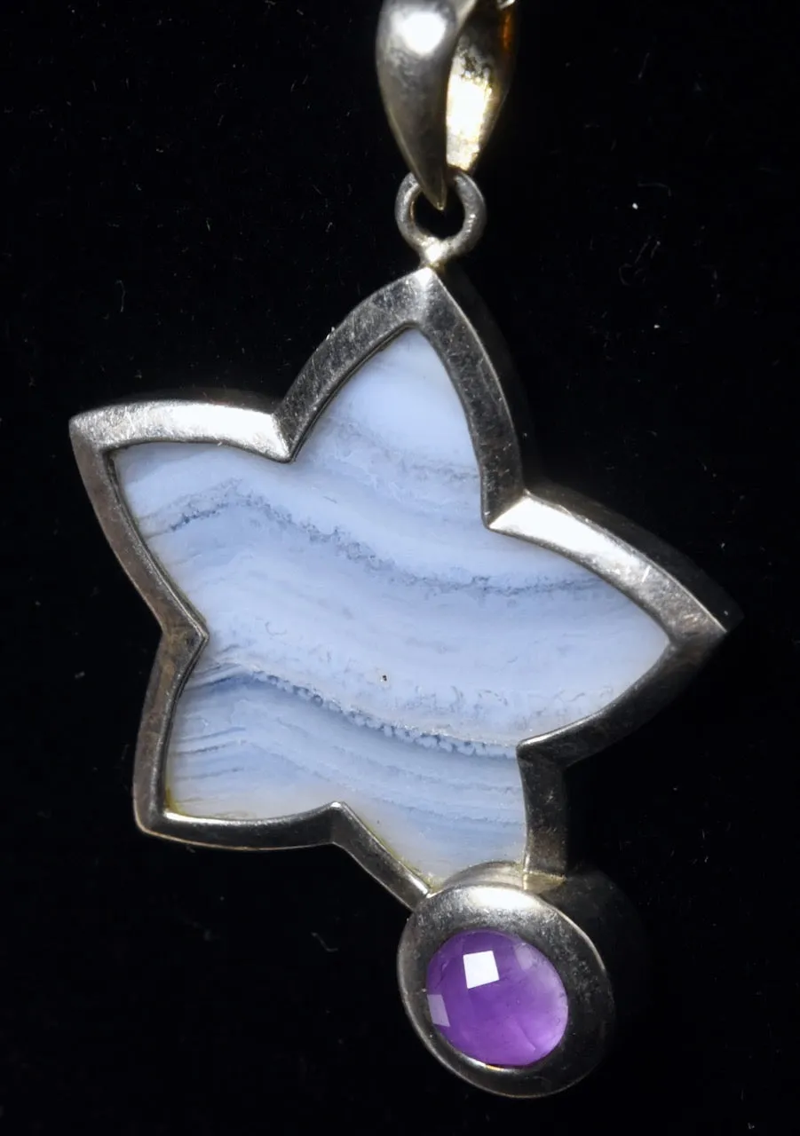 Sterling Silver Blue Lace Agate and Amethyst Star Pendant on Sterling Silver Chain Necklace