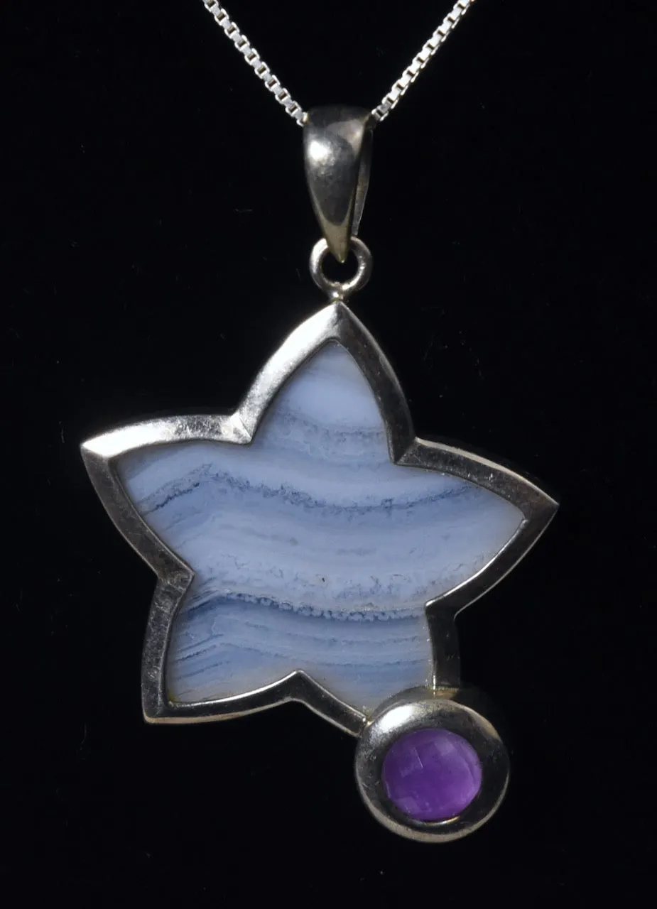 Sterling Silver Blue Lace Agate and Amethyst Star Pendant on Sterling Silver Chain Necklace