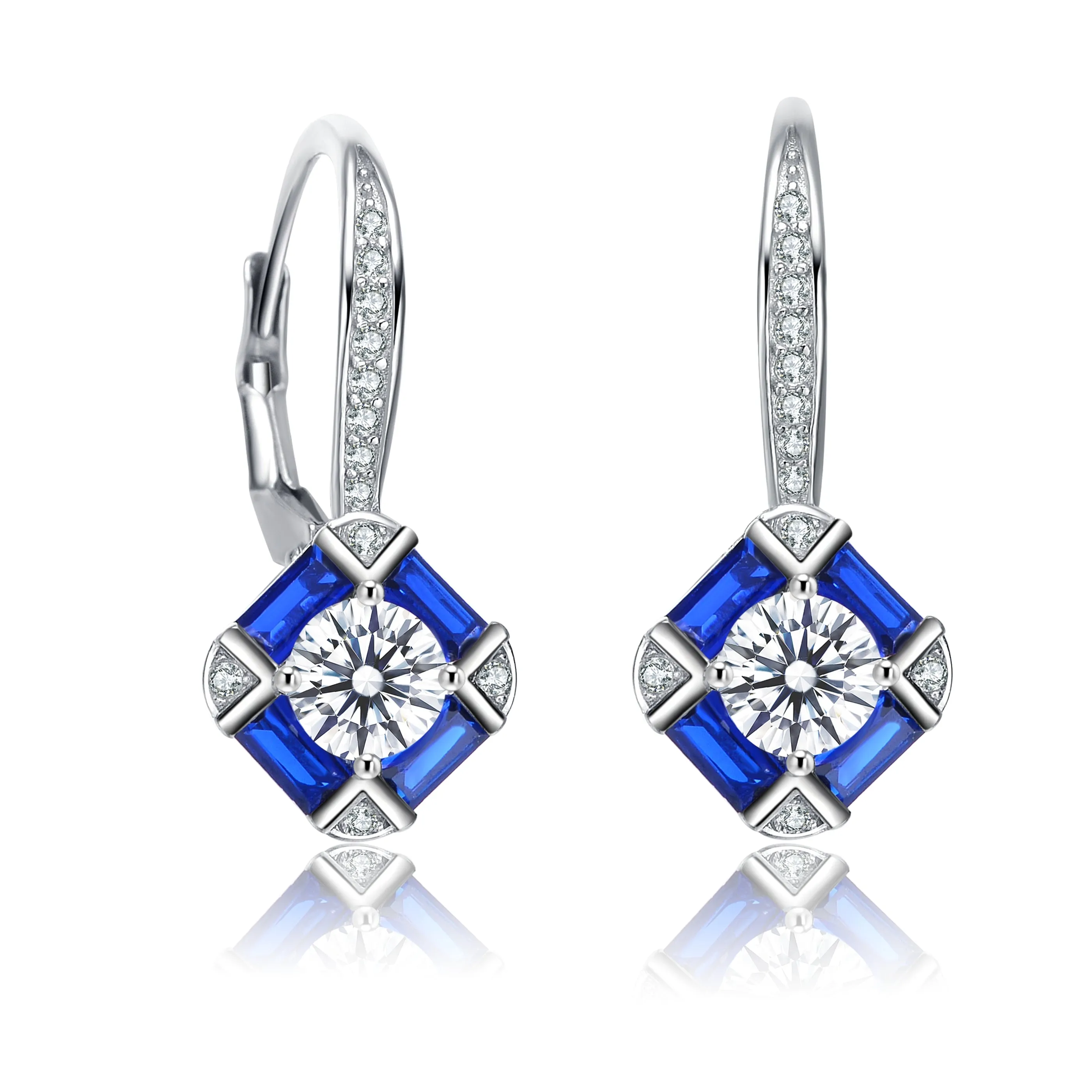 Sterling Silver with White Gold Plated  and Sapphire Cubic Zirconia Leverback Earrings