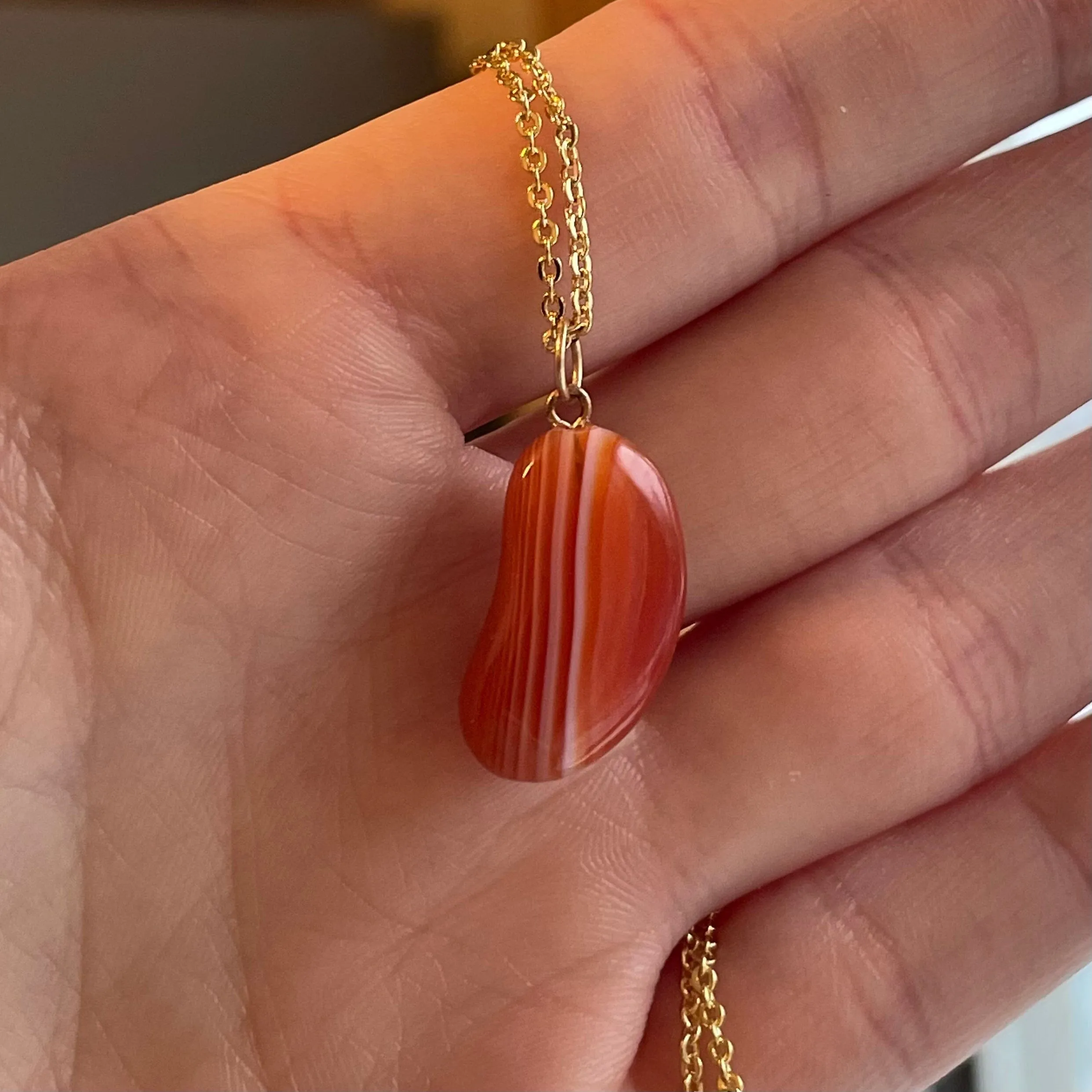 Vintage Gold Banded Agate Bean Pendant Necklace