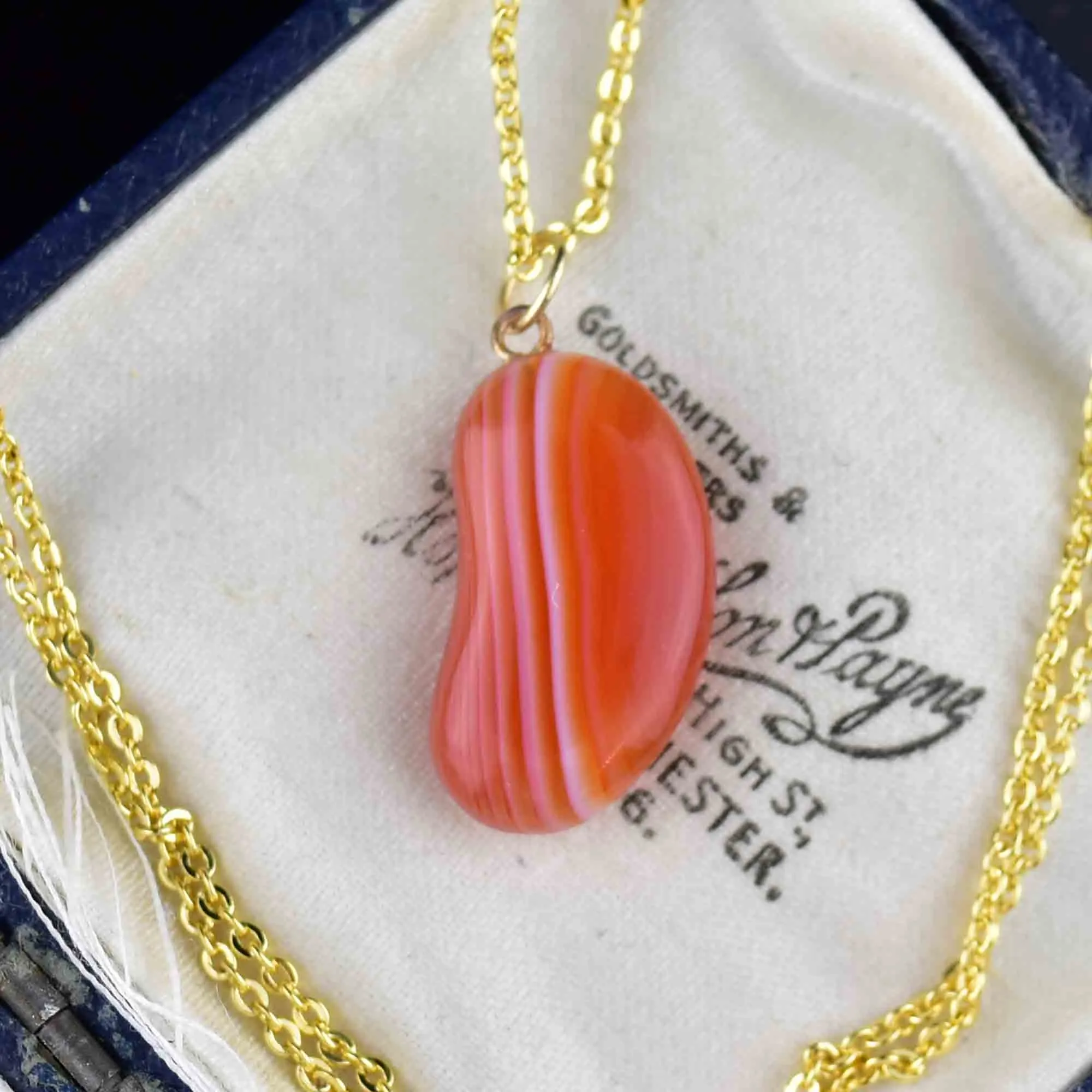 Vintage Gold Banded Agate Bean Pendant Necklace