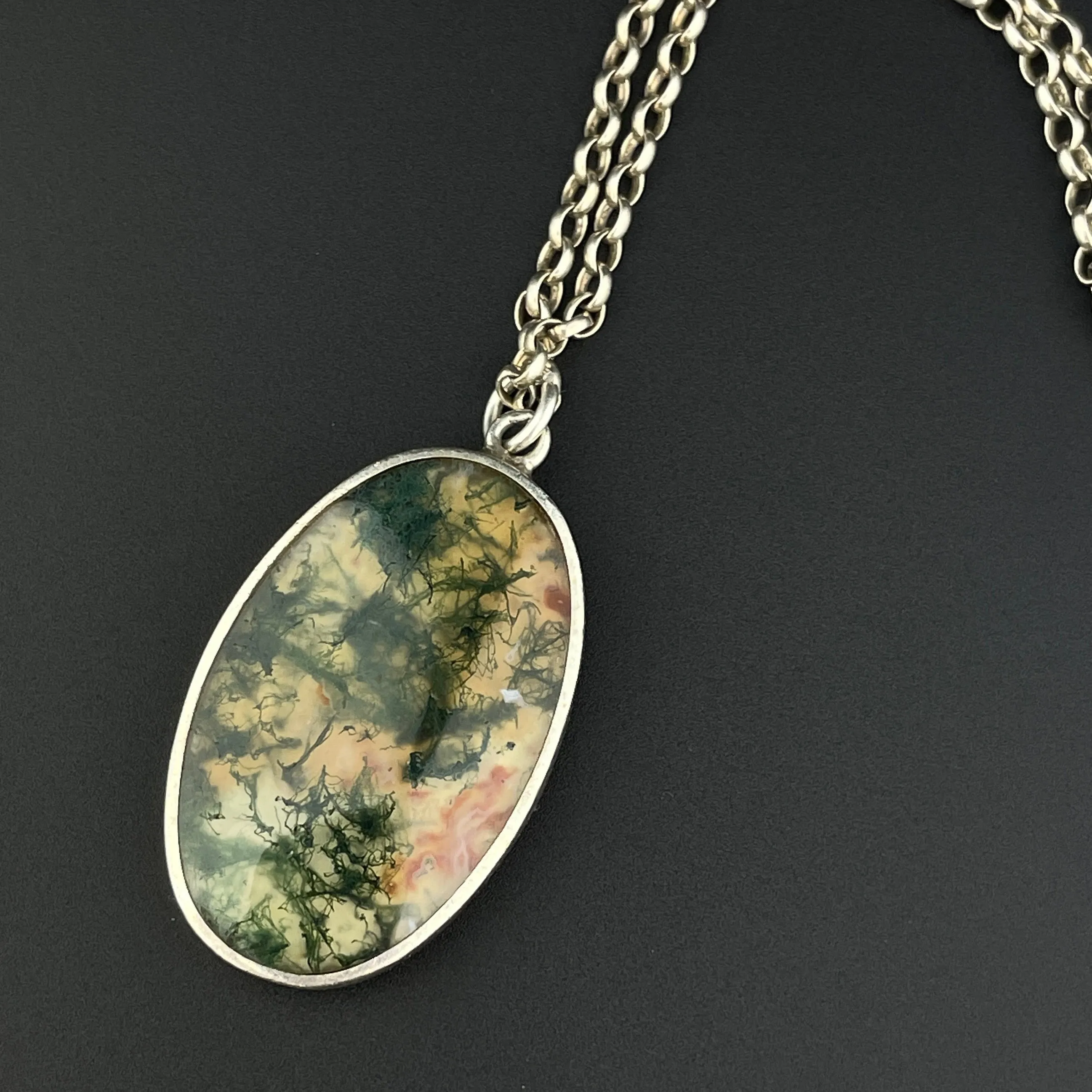 Vintage Silver Scottish Moss Agate Carnelian Two Sided Pendant Necklace