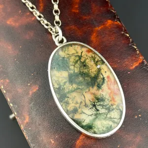 Vintage Silver Scottish Moss Agate Carnelian Two Sided Pendant Necklace