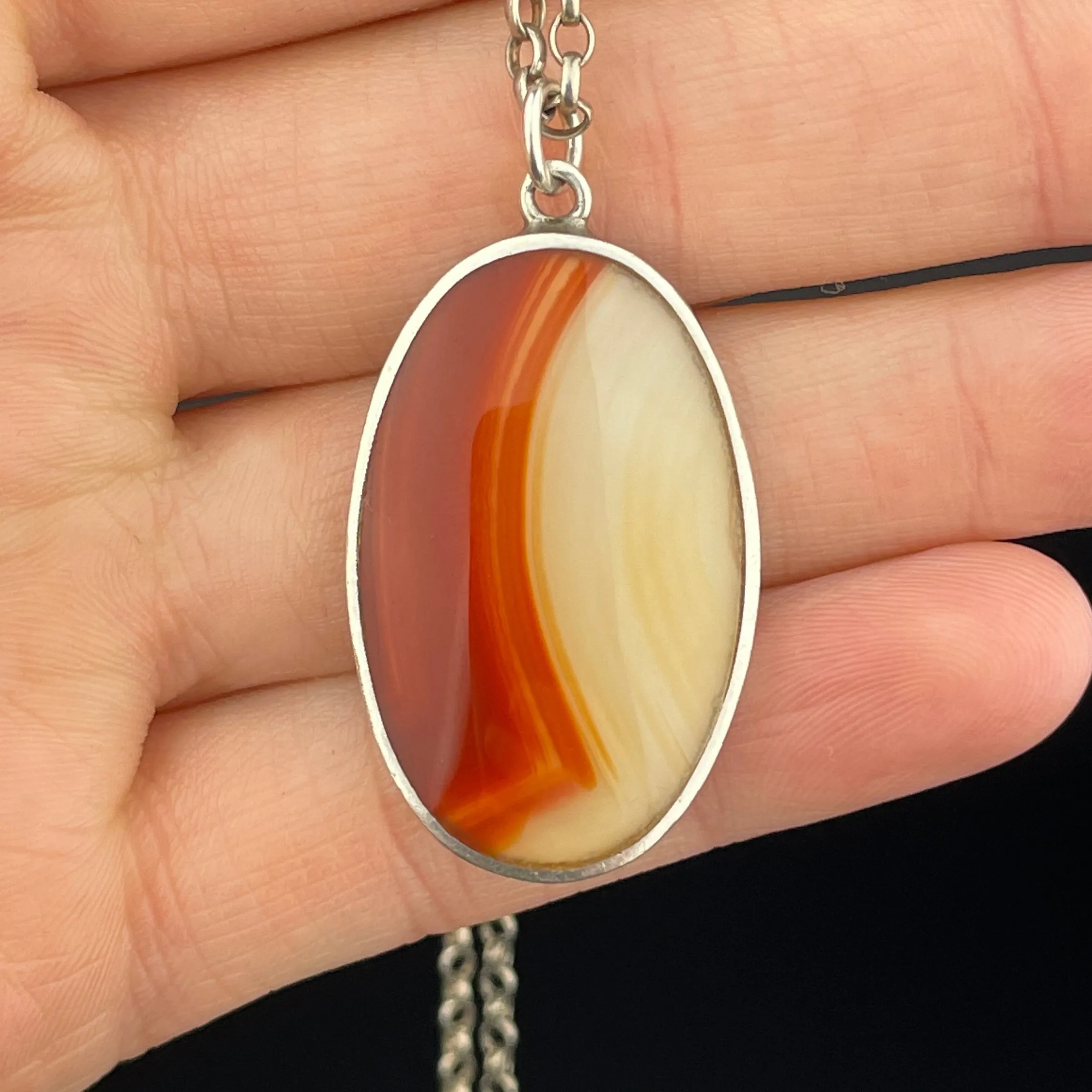 Vintage Silver Scottish Moss Agate Carnelian Two Sided Pendant Necklace